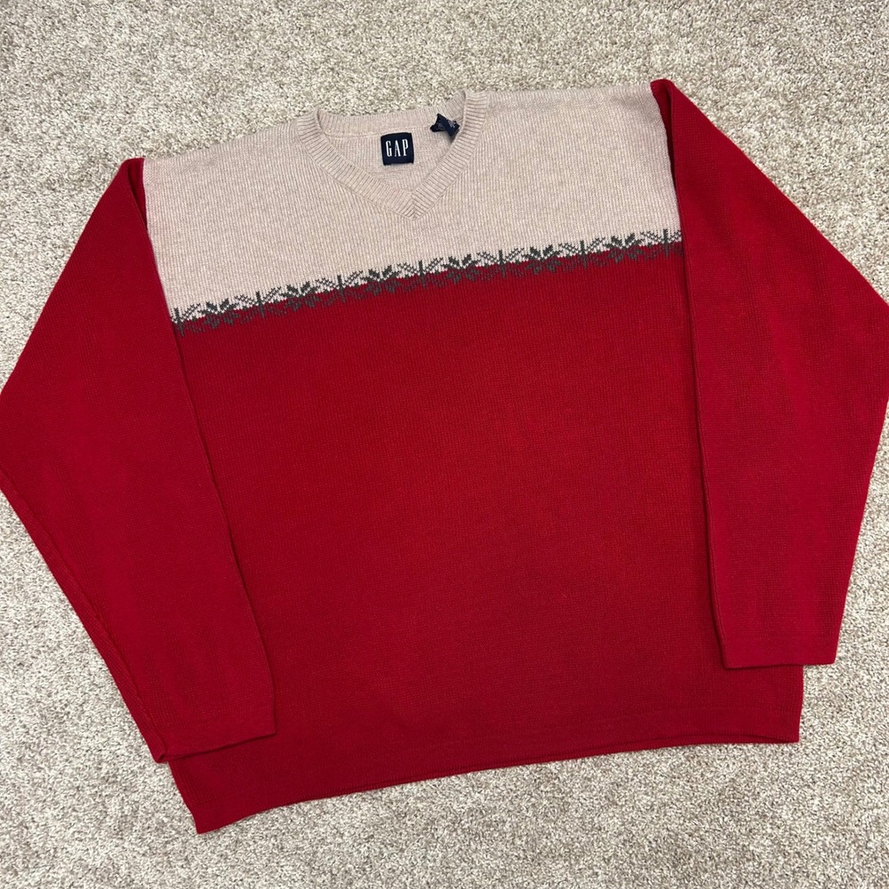 Vintage Gap V-Neck Sweater Men Size Large Holiday Knit Cotton 90s Snowflakes